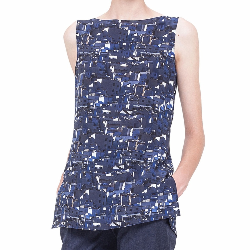 Akris Chefchaouen Print Silk Tank Top Blouse Navy Blue Building City Geo 4